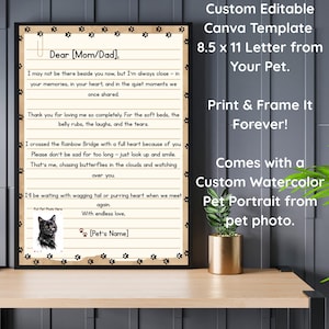 Plantilla de Canva editable para carta de mascota con retrato personalizado, regalo conmovedor imprimible de perro o gato, arte conmemorativo digital personalizado para papá de mascota.