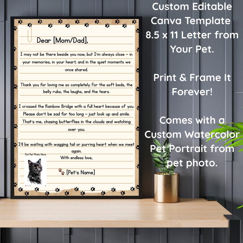 May include: A framed letter from a pet, decorated with paw prints, addressed to Mom and Dad. The letter includes a watercolor portrait of a black cat. Text on the right side says "Custom Editable Canva Template 21.6 x 27.9 cm Letter from Your Pet."