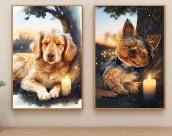May include: Two framed dog portraits. One features a golden retriever resting near a lit candle under a tree. The other shows a Yorkshire Terrier near a candle. Both dogs are painted with soft, warm colors, evoking a sense of peace and tranquility.