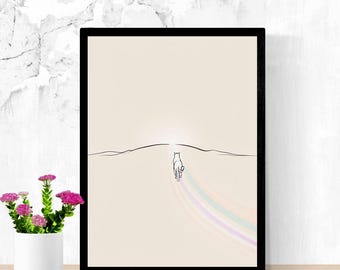 May include: A black and white line drawing of a dog walking towards a rainbow on a beige background. The dog is walking on a path with a hill in the background.