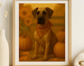 May include: A framed print featuring a tan dog wearing a red and orange plaid bandana, surrounded by pumpkins, sunflowers, and autumn leaves. The artwork has a warm, autumnal color palette.