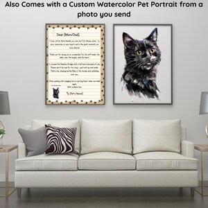 May include: Two framed artworks: a black cat watercolour portrait and a memorial print with paw prints. The print includes text that reads "Dear [Mom/Dad]" and "Also Comes with a Custom Watercolor Pet Portrait from a photo you send."