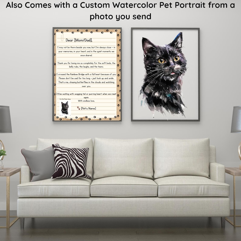 May include: Two framed artworks: a black cat watercolour portrait and a memorial print with paw prints. The print includes text that reads "Dear [Mom/Dad]" and "Also Comes with a Custom Watercolor Pet Portrait from a photo you send."