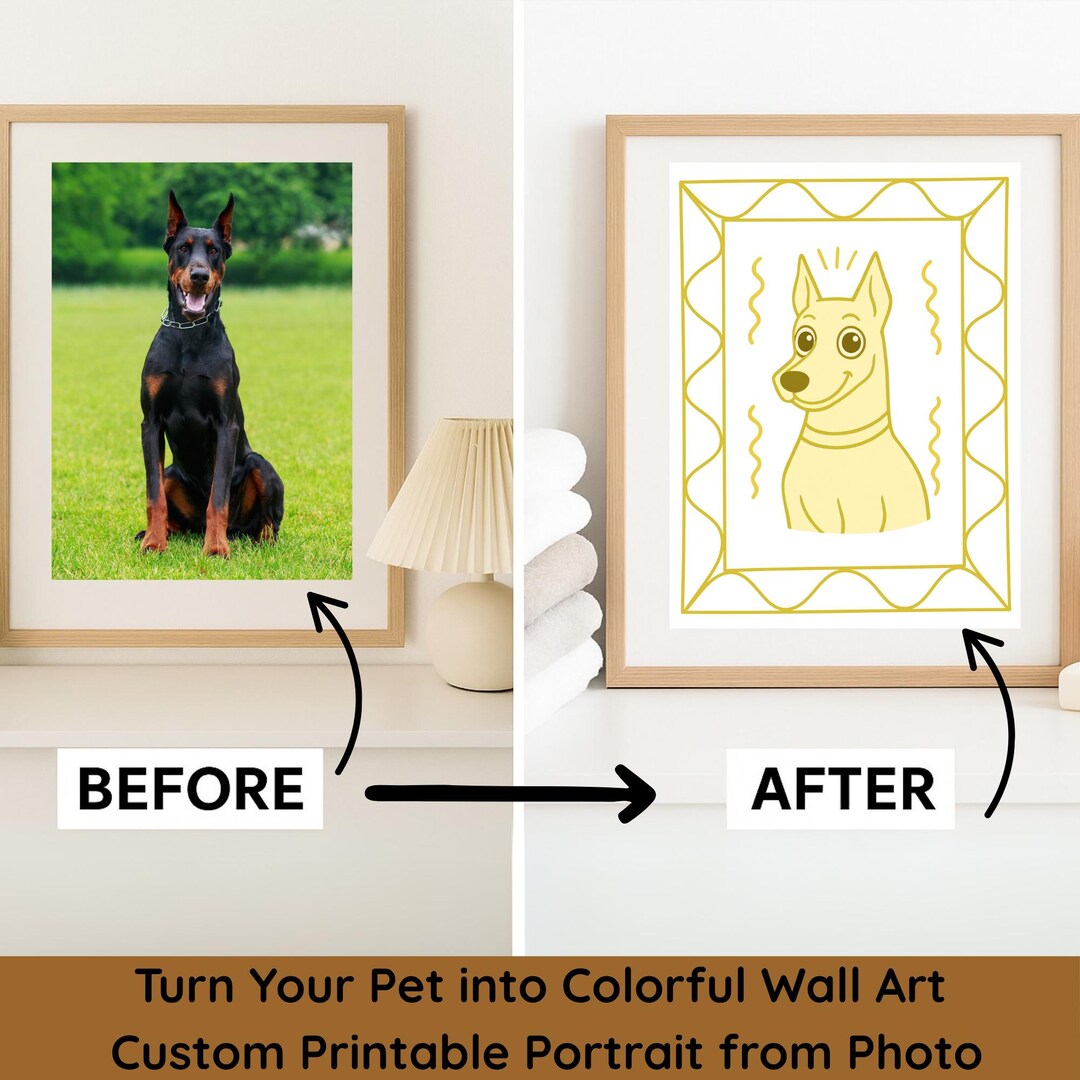 Custom Retro Line Art Pet Portrait From Photo Cute Dog & Cat Wall Art ...