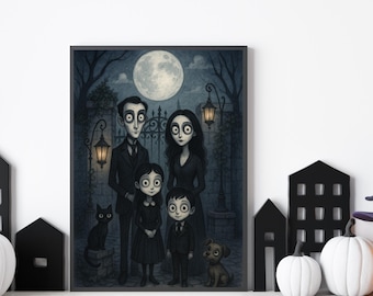 Retrato de mascota de boda gótica, arte familiar digital personalizado de Halloween, decoración de casa embrujada, impresión de pared gótica única para parejas, mascotas y regalo para el hogar.