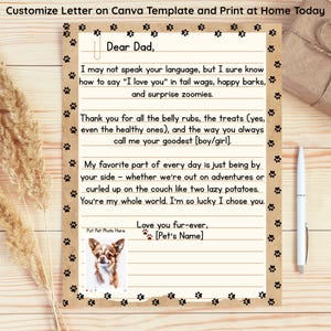 Retrato de mascota en acuarela personalizado con letra Canva editable. Regalo imprimible personalizado para el Día del Padre de un perro o gato. Regalo digital para papá.