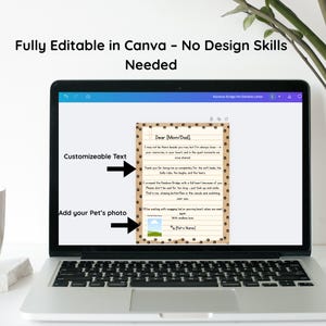 May include: A laptop screen shows a pet memorial letter template, with the text "Dear [Mom/Dad]" and space for a pet's photo. The screen also displays the text "Fully Editable in Canva - No Design Skills Needed."