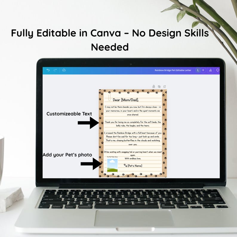 May include: A laptop screen shows a pet memorial letter template, with the text "Dear [Mom/Dad]" and space for a pet's photo. The screen also displays the text "Fully Editable in Canva - No Design Skills Needed."