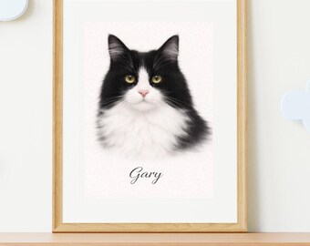 Puede incluir: Un retrato enmarcado de un gato blanco y negro con ojos amarillos y nariz rosa. El nombre del gato, "Gary", está escrito en cursiva debajo de la imagen. El marco es de madera de color claro.