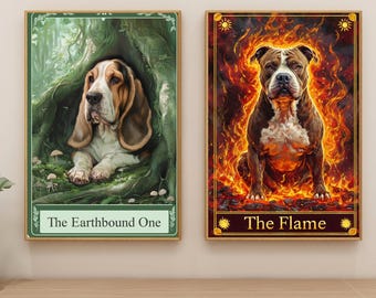 May include: Two framed illustrations of dogs. The first illustration shows a basset hound lying down in a green forest setting with the text "The Earthbound One". The second illustration shows a brown and white pit bull sitting in a fiery orange and yellow inferno with the text "The Flame".