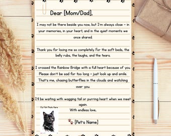 Modello di lettera commemorativa personalizzata per animali domestici su Canva, download digitale per la perdita di un animale domestico, regalo Rainbow Bridge, omaggio artistico per animali domestici, messaggio sincero modificabile
