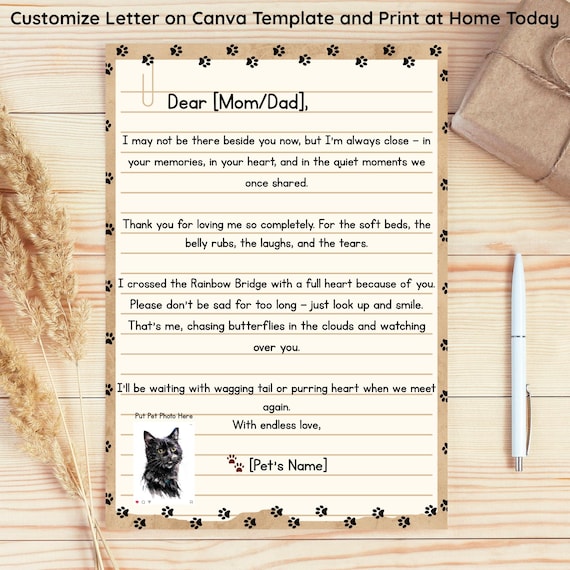 Custom Pet Memorial Letter Canva Template, Digital Download for Pet Loss, Rainbow Bridge Gift, Pet Tribute Art, Editable Heartfelt Message
