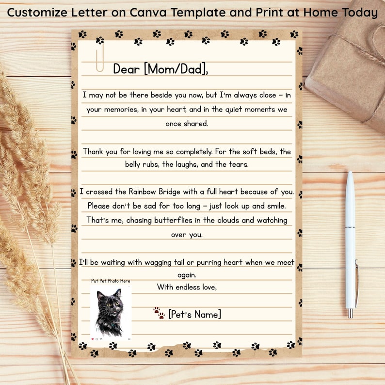 May include: A printed letter on cream-coloured paper with a paw print border. The letter includes the text "Dear [Mom/Dad]," and a message about a pet. A photo of a black cat is included. A pen and gift box are also visible.