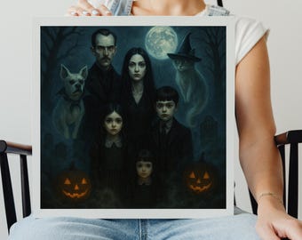 Custom Gothic Family and Pet Portrait | Halloween Addams Style Digital Artwork with Haunted Backgrounds
