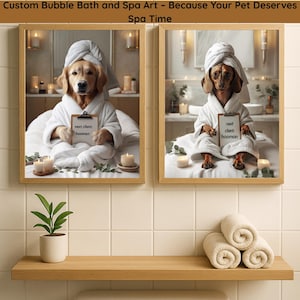 Aangepast portret hondenspa: grappige huisdier muurkunst badkamer (digitaal portret)
