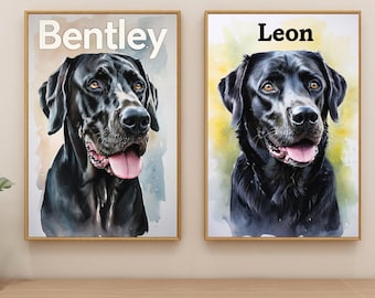 May include: Two framed watercolor paintings of black Labrador Retrievers. The painting on the left features a dog named Bentley, and the painting on the right features a dog named Leon.