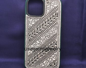 Handcrafted Sterling Silver iPhone Case | Diagonal Leaf & Vine Design | Luxury Filigree Protective Phone Cover