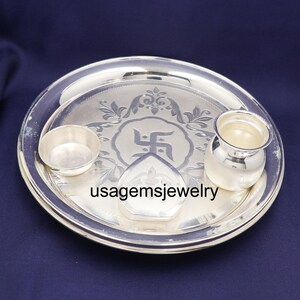 Silver Pooja Thali Set: Hindu Temple Decor with Kalash & Diya