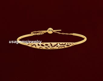 Pulseira aberta com design de folha em ouro maciço 22K para mulheres | Pulseira ajustável, joia fina, presente ideal para aniversário, casamento ou qualquer outra ocasião.