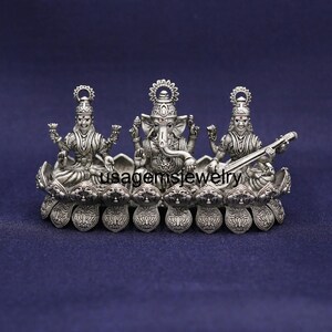 Silver Lakshmi Ganesh Saraswati Idol | Divine Trio Pooja Decor Statue | Hindu God Figurine for Home Mandir & Festive Gifting