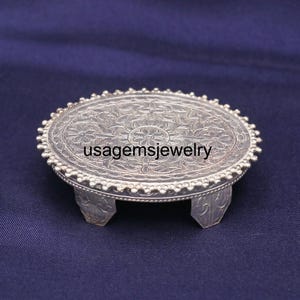 Handcrafted Oval Silver Chowki | Antique Floral Design Pooja Pedestal | Traditional Indian Miniature Altar | Silver Ritual Gift Best Selling