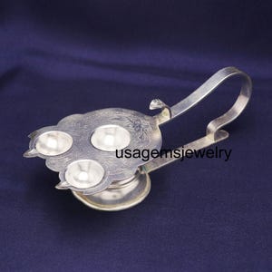 Handcrafted Silver Leaf Design Pooja Diya with Handle – Traditional Indian Aarti Lamp