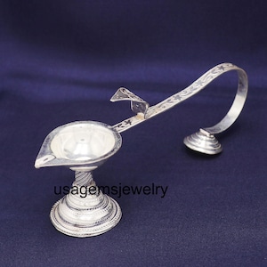 Traditional Handcrafted Silver Aarti Spoon Diya with Curved Handle – Puja Oil Lamp