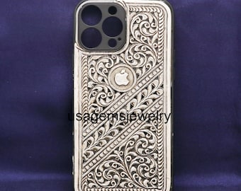 Sterling Silver iPhone Case Filigree Antique Design Luxury Handmade Phone Cover 16cm 67g