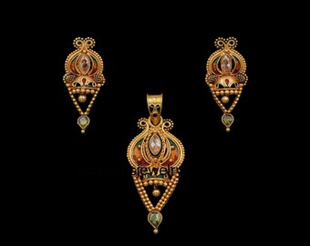 22 kt gouden filigraansieradenset: handgemaakte Indiase hangeroorbellenverjaardagscadeau sieraden her