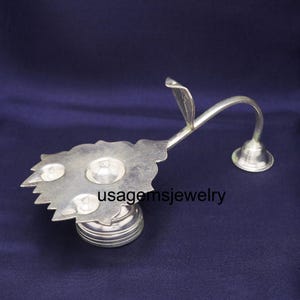 Vintage Silver Leaf-Shaped Pooja Diya with Curved Handle – Traditional Aarti Lamp