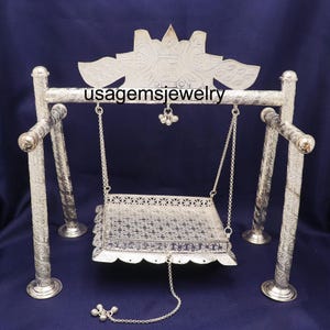 Silver Jhula for Bal Krishna Idol – Handcrafted Pooja Swing – Temple Decor, Janmashtami Gift, Hindu Religious Ornament