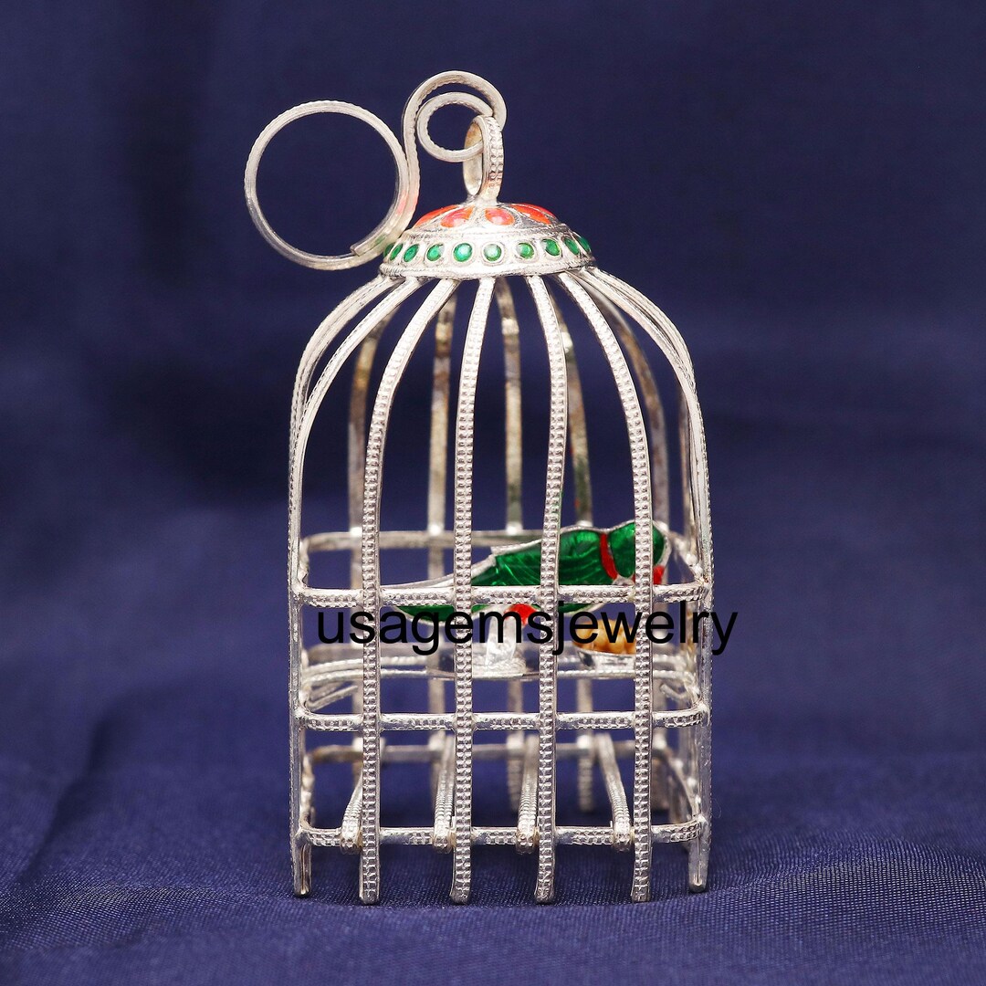 Sterling Silver Bird Cage Figurine: Enamel Parrot Charm, Dollhouse ...