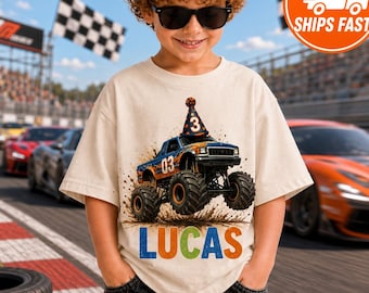 Personalized Monster Truck Birthday Kids Shirt, Custom Race Car Toddler Tee, Vehicle Party Outfit, Cool Truck Lovers Birthday Gift