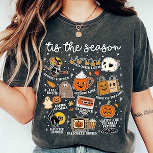 Vintage Halloween Comfort Colors® Shirt, Tis&#39; the Season, Retro Halloween Aesthetic, Women&#39;s Halloween Shirt, Pumpkin Witch Graphic Tee