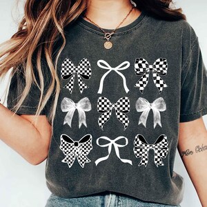 Comfort Colors® Checkered Bow T-Shirt, Coquette Bow Shirt, Bows Shirt, Black Bow Shirt, Retro T-Shirt