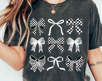 Comfort Colors® Checkered Bow T-Shirt, Coquette Bow Shirt, Bows Shirt, Black Bow Shirt, Retro T-Shirt