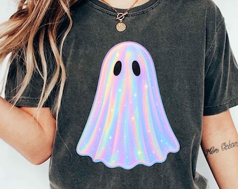 Camiseta de fantasma brillante, camiseta de fantasma iridiscente, camiseta de Halloween pastel, camiseta de temporada espeluznante con brillo y colores cómodos