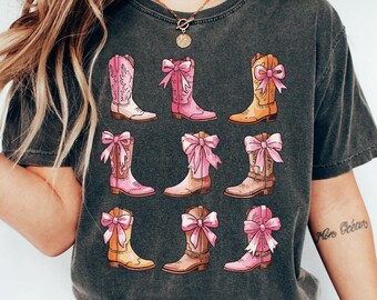 Comfort Colors Pink Bow Cowgirl Boots Shirt Country Concert Tee Western Graphic Tee Country Shirt Cowgirl Boots Tee Pink Bow Cowgirl Shirt