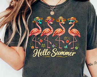 Camiseta de verano con flamencos de Comfort Colors®, Camiseta Hello Summer Flamingo, Camiseta para vacaciones en la playa, Camiseta de verano linda para mujer, Conjunto para vacaciones