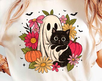 Ghost Cat Floral Halloween Shirt, Cute Black Cat Spooky Season Tee, Pastel Goth Halloween Shirt, Aesthetic Ghost Cat T-Shirt, Fall Shirt