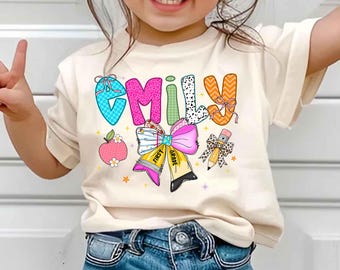 Camiseta personalizada para primer grado, ideal para la vuelta al cole, camiseta con lazo coqueto para niña, ideal para niños de preescolar a quinto grado.
