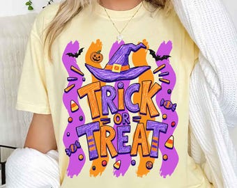Camiseta de Halloween "Truco o trato", Camiseta Comfort Colors® de Halloween, Camiseta de Halloween estilo preppy, Camiseta retro de Halloween, Temporada de calabazas, Ambiente espeluznante