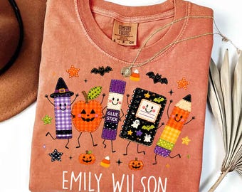 Camiseta personalizada de Halloween para profesores con estampado de retazos, camiseta divertida sobre la vida de profesor, material escolar espeluznante, regalo de vuelta al cole, camiseta infantil con fantasma adorable