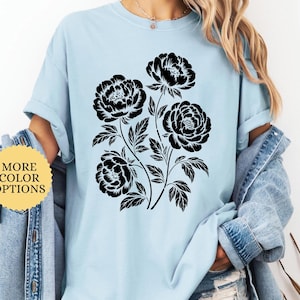 Linocut Flower Comfort Colors® Vintage Style Tshirt, Retro Block Print Peonies Shirt,Ranunculas Woodcut Stamp Tee,Cottagecore Boho Botanical
