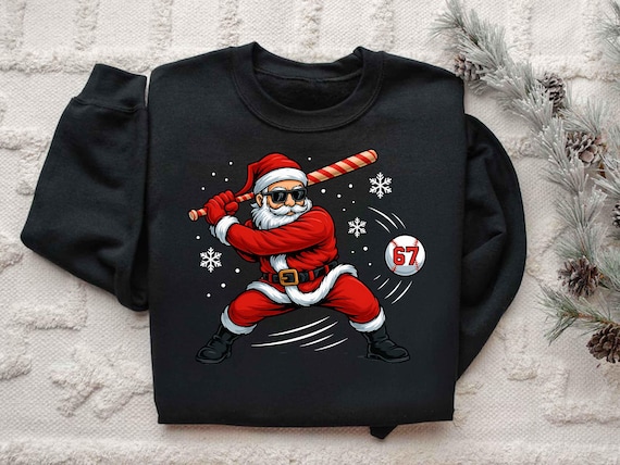Funny Baseball Santa 67 Shirt, Boys Christmas Pajamas Tee, Santa Sports Xmas Shirt, Holiday Baseball Player Shirt for Kids & Men