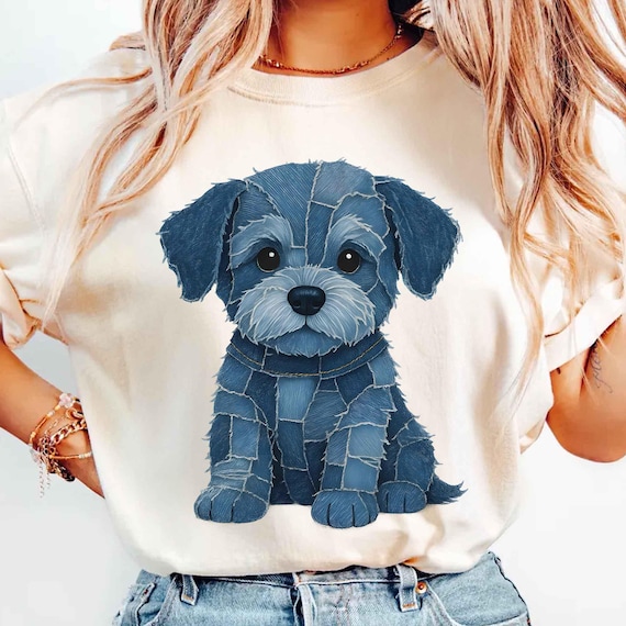 Dog pattern denim patchwork art T-Shirt, women's dog pattern denim patchwork art shirt, Unisex tee retro funny denim patch animal dog print