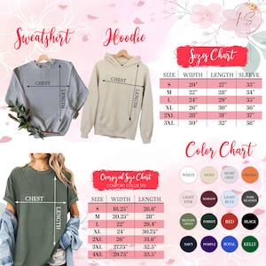 K&ouml;nnte beinhalten: Eine Gr&ouml;&szlig;en- und Farbtabelle f&uuml;r Sweatshirts, Hoodies und T-Shirts. Die Tabelle enth&auml;lt Ma&szlig;e in Zoll f&uuml;r Breite, L&auml;nge und &Auml;rmell&auml;nge sowie eine Farbpalette mit verschiedenen Farbt&ouml;nen.
