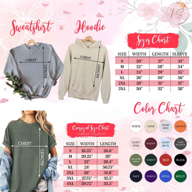 K&ouml;nnte beinhalten: Eine Gr&ouml;&szlig;en- und Farbtabelle f&uuml;r Sweatshirts, Hoodies und T-Shirts. Die Tabelle enth&auml;lt Ma&szlig;e in Zoll f&uuml;r Breite, L&auml;nge und &Auml;rmell&auml;nge sowie eine Farbpalette mit verschiedenen Farbt&ouml;nen.