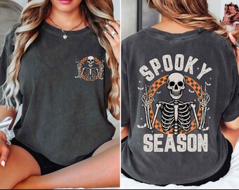 Camisa de Halloween con estampado de esqueleto retro, colores cómodos, para la temporada espeluznante, ideal para fiestas de Halloween de mujer, regalo de Halloween, otoño.