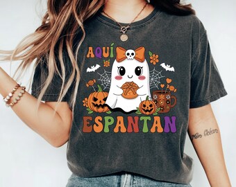 Aqui Espantan Ghost Sweatshirt for Halloween, Spooky Conchas Mexican Ghost Tshirt for Women, Regalos en Espanol, Spanish Halloween T Shirt